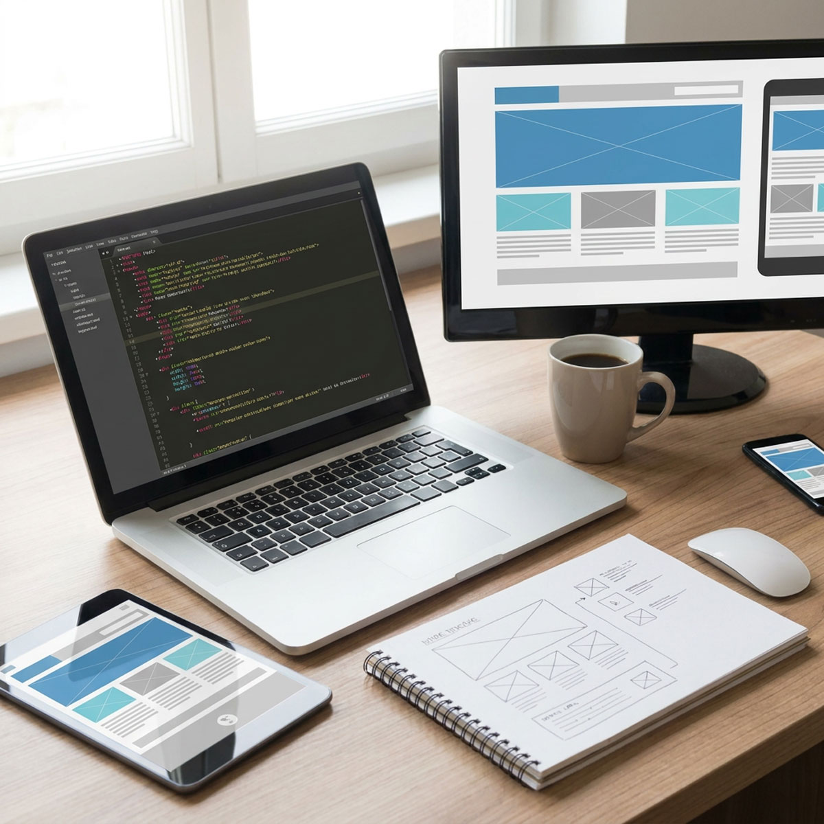Notebook y monitor mostrando código y wireframes de una aplicación web