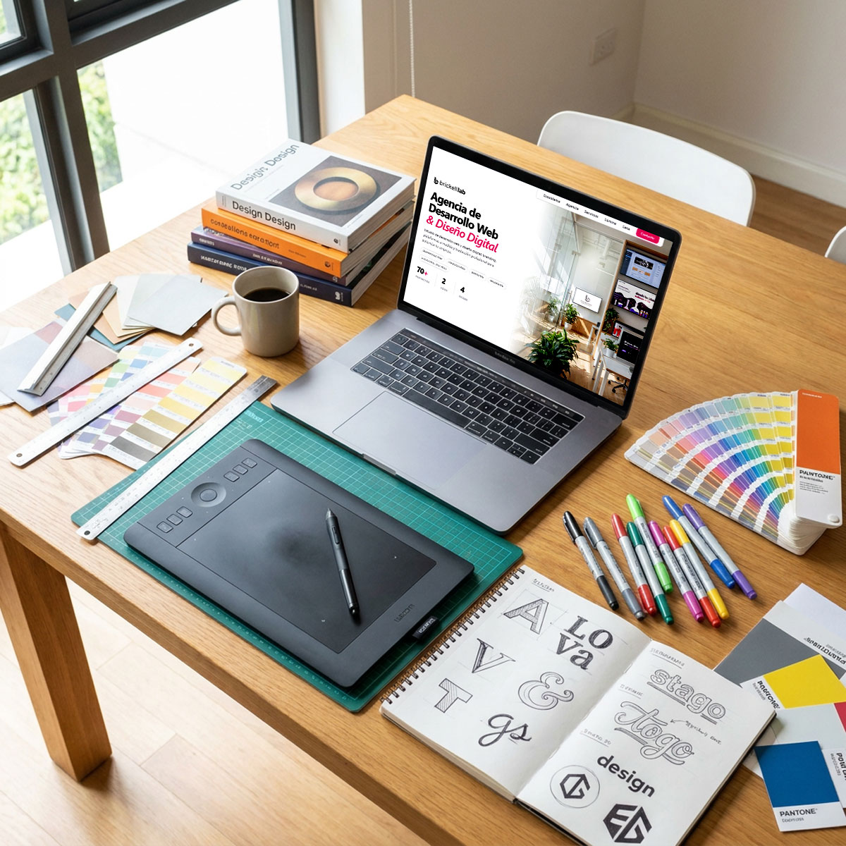 Mesa de diseño con una notebook y una tableta gráfica, marcadores y bocetos