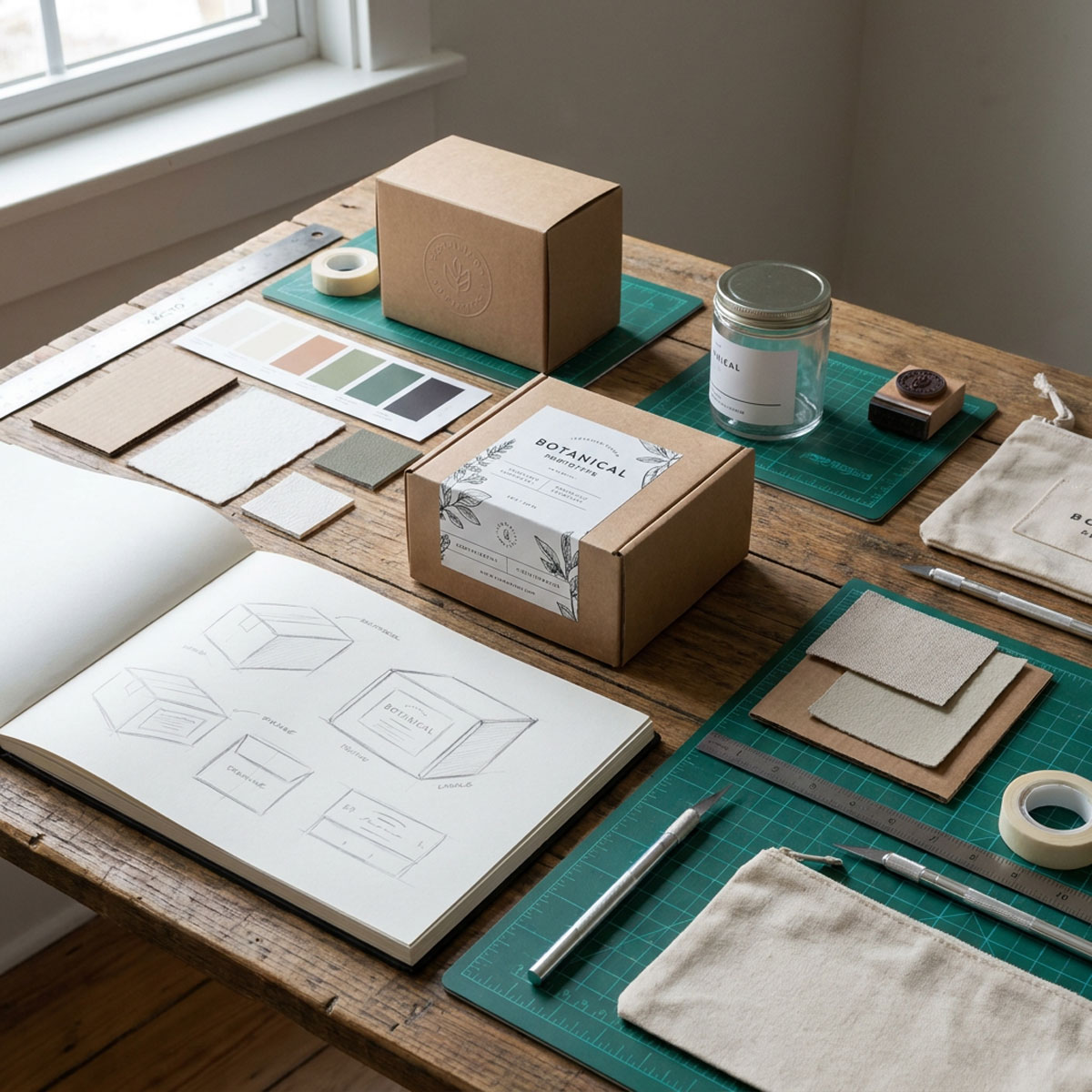 Mesa cubierta de diseños de packaging y bocetos de ilustraciones