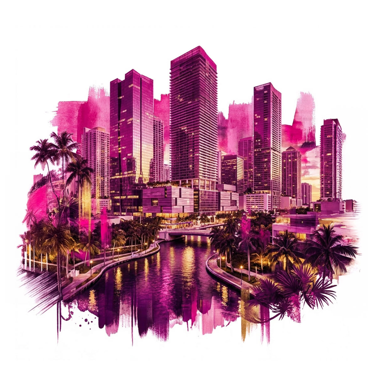 Ilustración de Brickell, Miami en tonos magenta: skyline de rascacielos y palmeras reflejados en el agua
