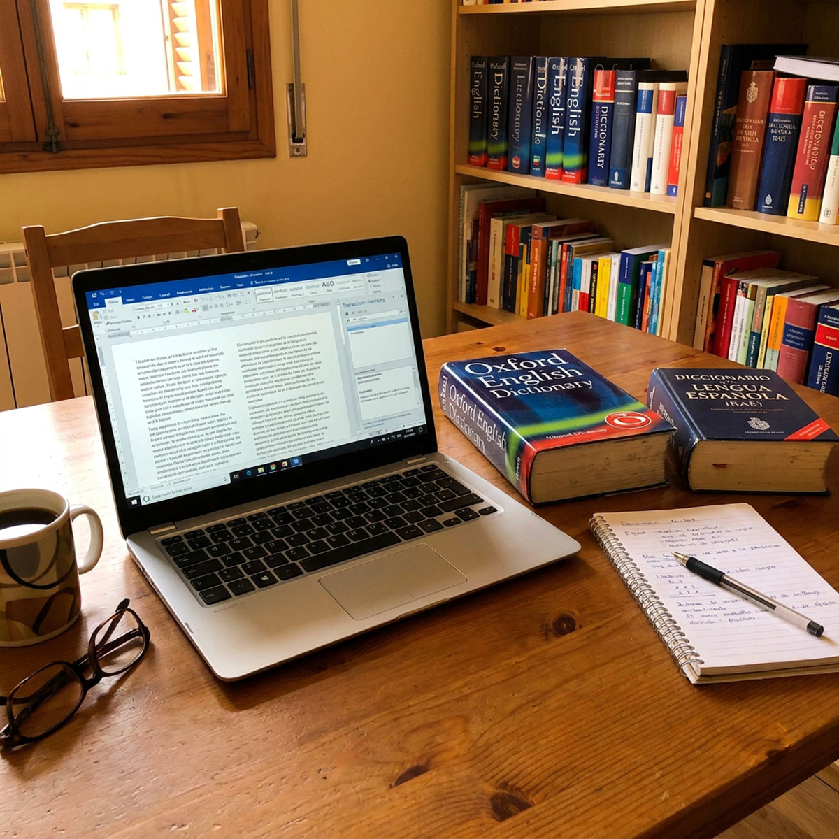 Notebook con un documento de texto, un anotador al lado y diccionarios de inglés